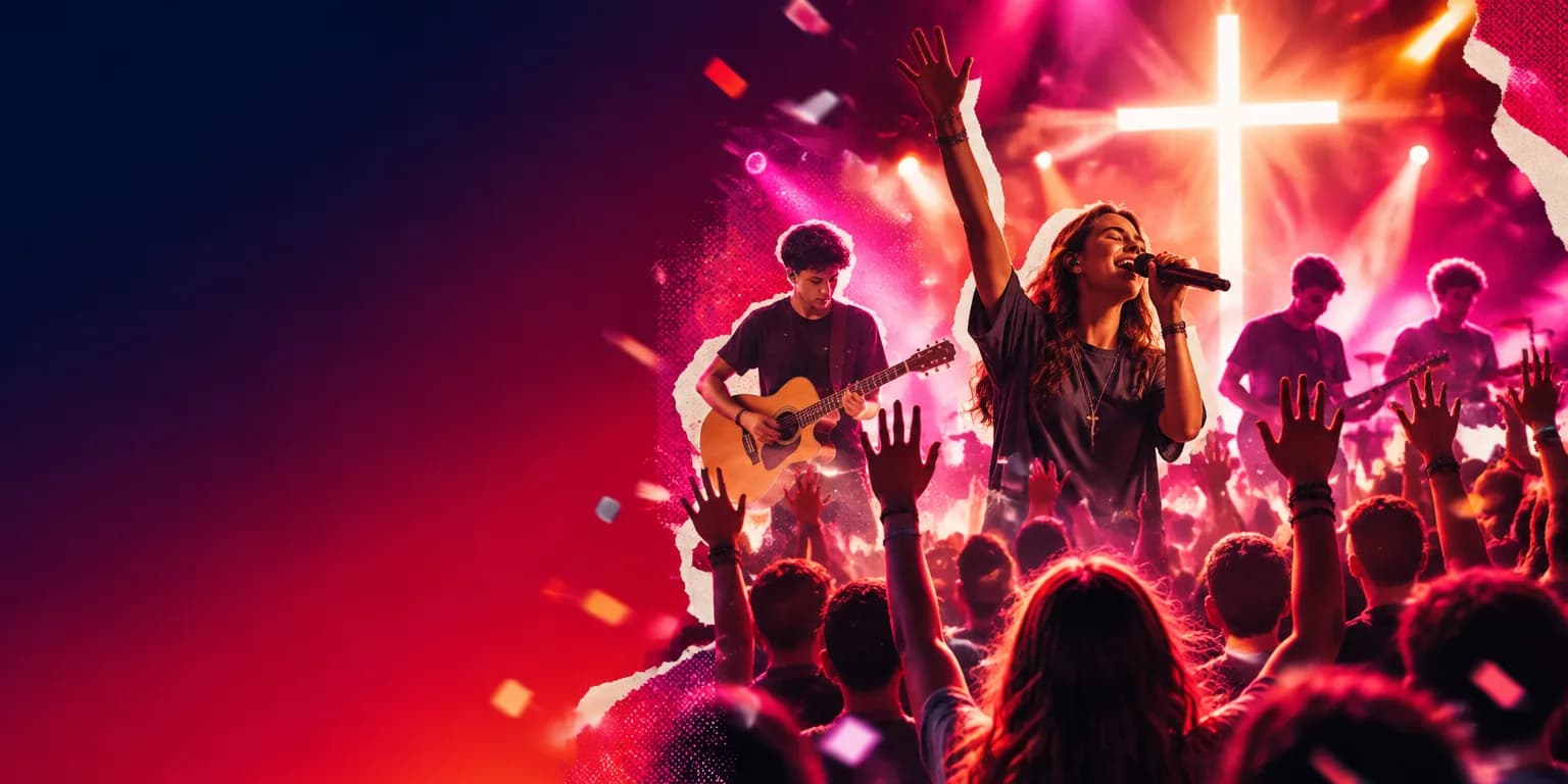 Banda jovem no palco com uma cruz de luz e o público de mãos levantadas