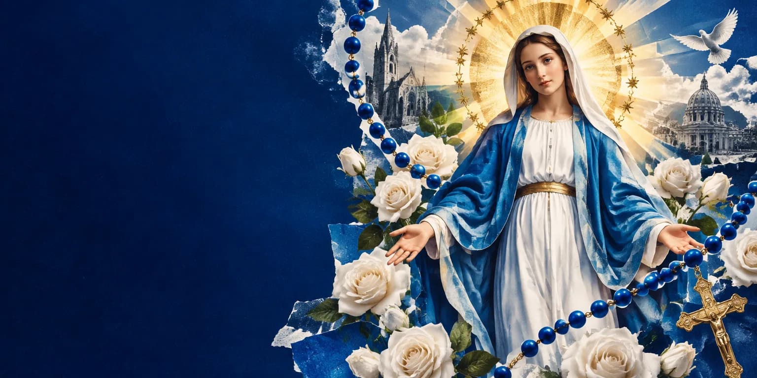 Nossa Senhora de manto azul e branco com um terço e rosas brancas